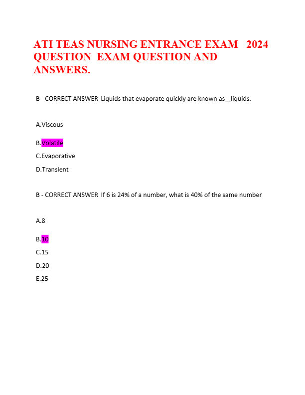 ATI TEAS NURSING ENTRANCE EXAM 2024 QUESTION EXAM QUESTION AND ANSWERS.