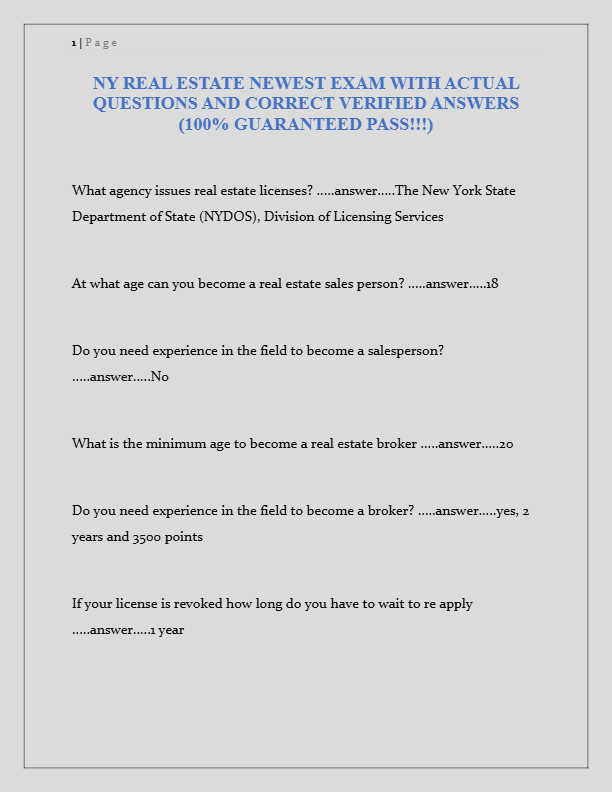 NY Real Estate License Exam Prep 2025 | Actual Questions & Verified Answers | 100% Pass Guarantee