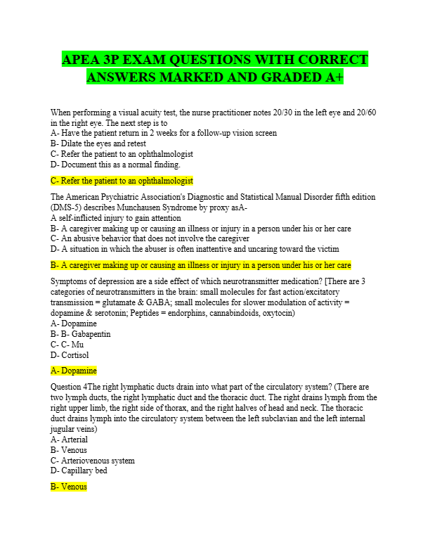 APEA 3P EXAM QUESTIONS WITH CORRECT  ANSWERS MARKED AND GRADED A+